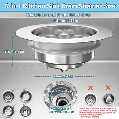 Kitchen Sink Drain Strainer for 3-1/2 Inch Drain Hole, 3-in-1 304 Stainless Steel Pop-Up Sink Strainer and Stopper with Anti-Clog Filter Basket & Food Catcher (Silver, 1 Pack)