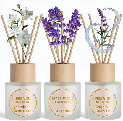 Reed Diffuser Set, Binca Vidou Lavender & Vanilla Natural Scent Oil Diffusers with Sticks for Home Office Bathroom Aromatherapy Decor 1.69oz x 2