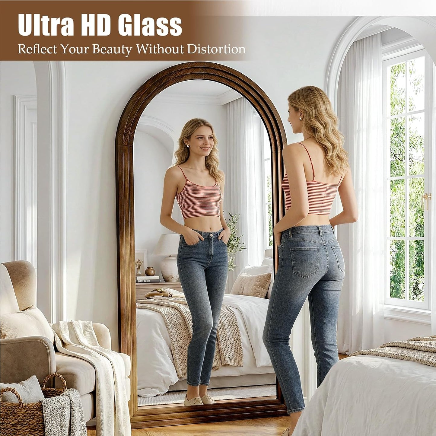 30"x71" Full Length Mirror Solid Wood Frame, Arched Floor Mirror Full Length with Stand, Room Decor Big Full Body Mirror with HD Tempered Glass for Bedroom, Living Room, Walnut Wood