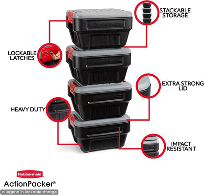 Rubbermaid ActionPacker 35 Gallon, Made in USA, Lockable Plastic Storage Bin with Lid and Wheels- Outdoor, Industrial, Rugged, Camping Gear and Truck Bed Storage - Gray and Black