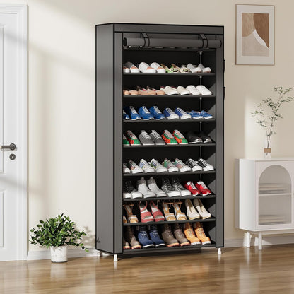 Laiensia 9-Tier Vertical Shoe Rack Organizer, Space Saving Shoe Storage Organizer, Non-Woven Cover Shoe Shelf Holds 36-45 Pairs for Bedroom, Hallway, Closet Entryway, Black