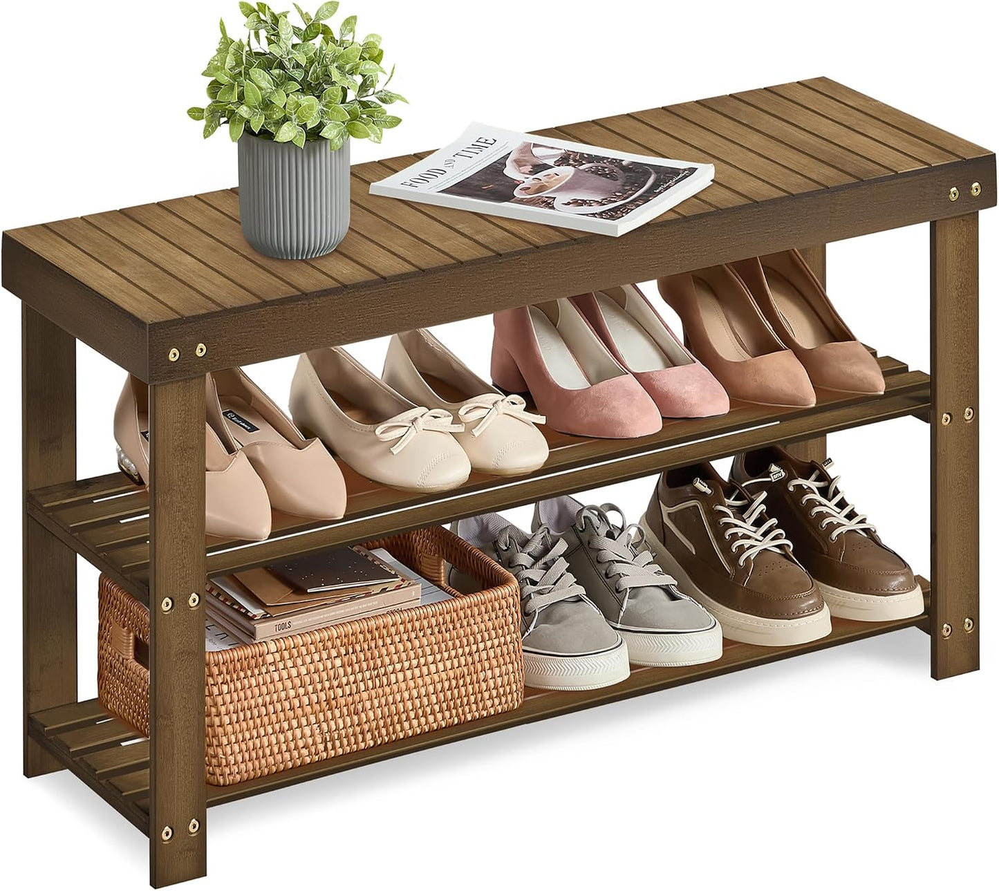 SONGMICS Shoe Rack Bench, 3-Tier Bamboo Shoe Storage Organizer, Entryway Bench, Holds Up to 286 lb, 11.3 x 27.6 x 17.8 Inches, for Entryway Bathroom Bedroom, Ink Black ULBS04H