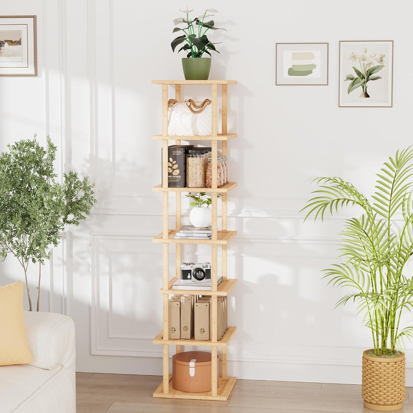 Vertical Tall Shoe Rack Organizer for Entryway -7 Tier Free Standing Slim Narrow Bamboo Wood Corner Stackable Shoe Boots Storage Stand Small Spaces for Closet Garage Cloakroom Living Room (Black)