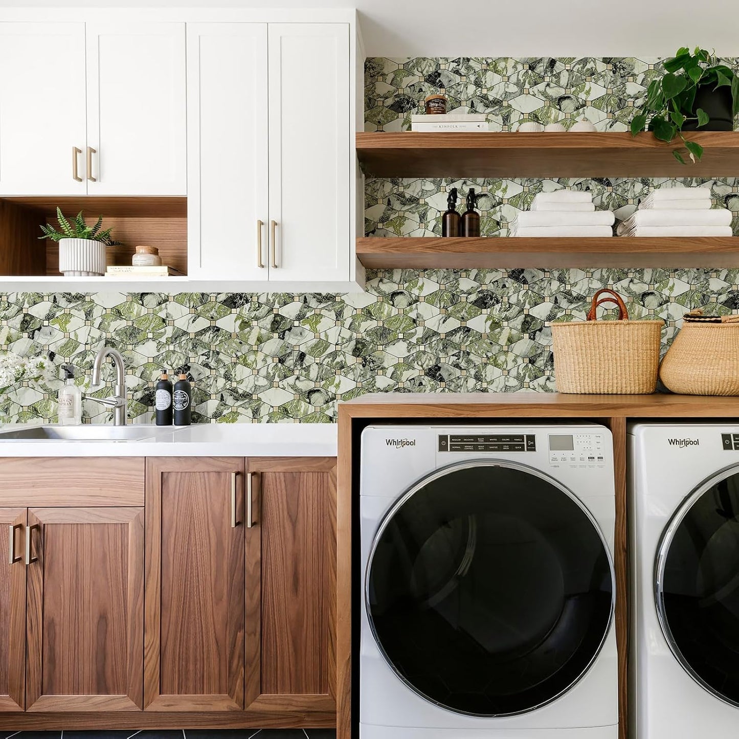 STICKGOO 10 Sheets Peel and Stick Backsplash, Polished Dolomite PVC Mixed Metal Gold Kitchen Backsplash, Stick on Backsplash Wall Tiles for Kitchen, Bathroom, RV