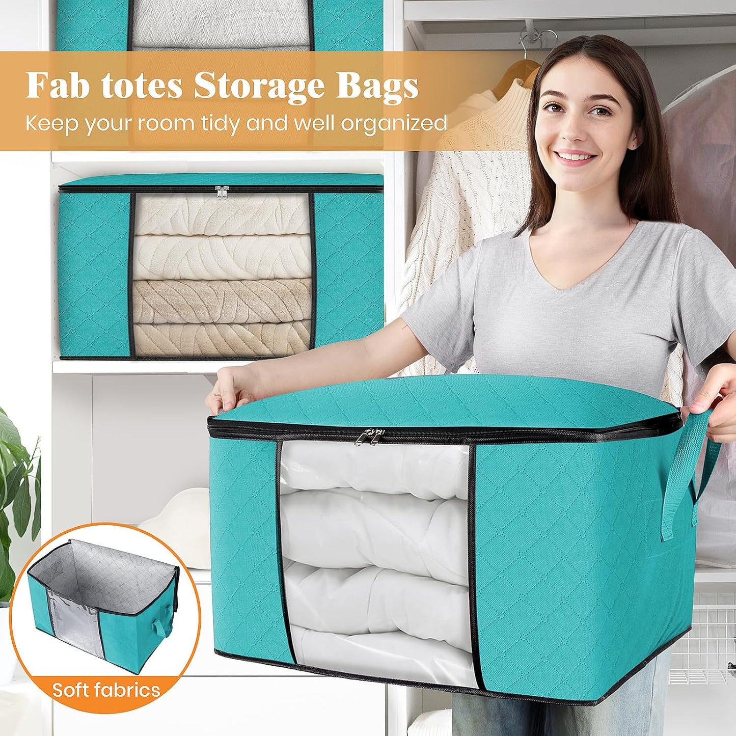 Fab totes 6 Pack Storage Bags for Clothes and Blanket, Foldable Closet Organizers and Storage with Zippers, Clear Window and Handles, Fabric Storage Bins for Sweater, Comforter, Bedding,Linen Sheets
