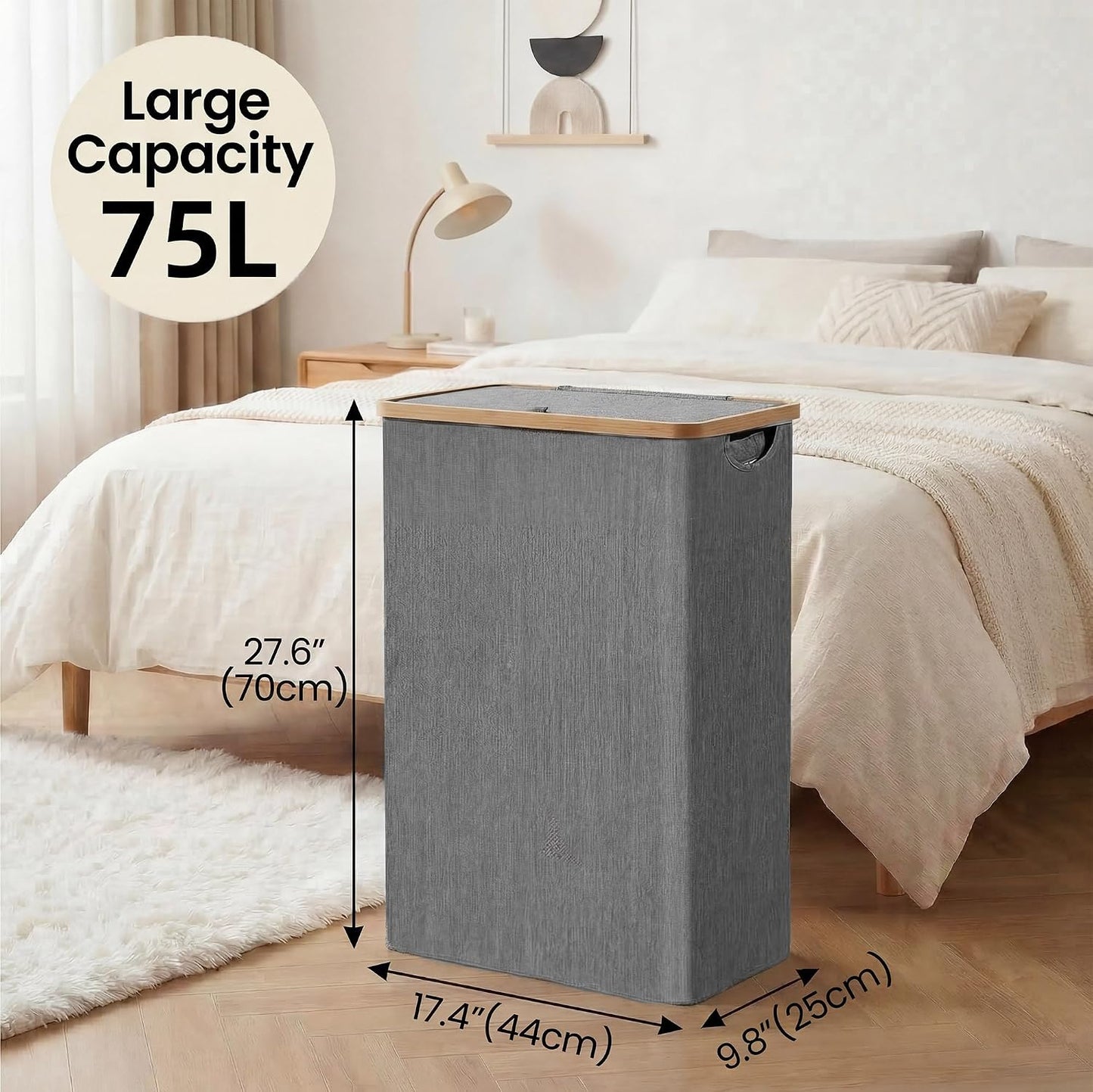 efluky Slim Laundry Basket with Lid, Narrow Laundry Hamper with Removable Bag, Skinny Dirty Clothes Basket with Bamboo Handles for Bathroom, Bedroom & Laundry Room, 75L Beige