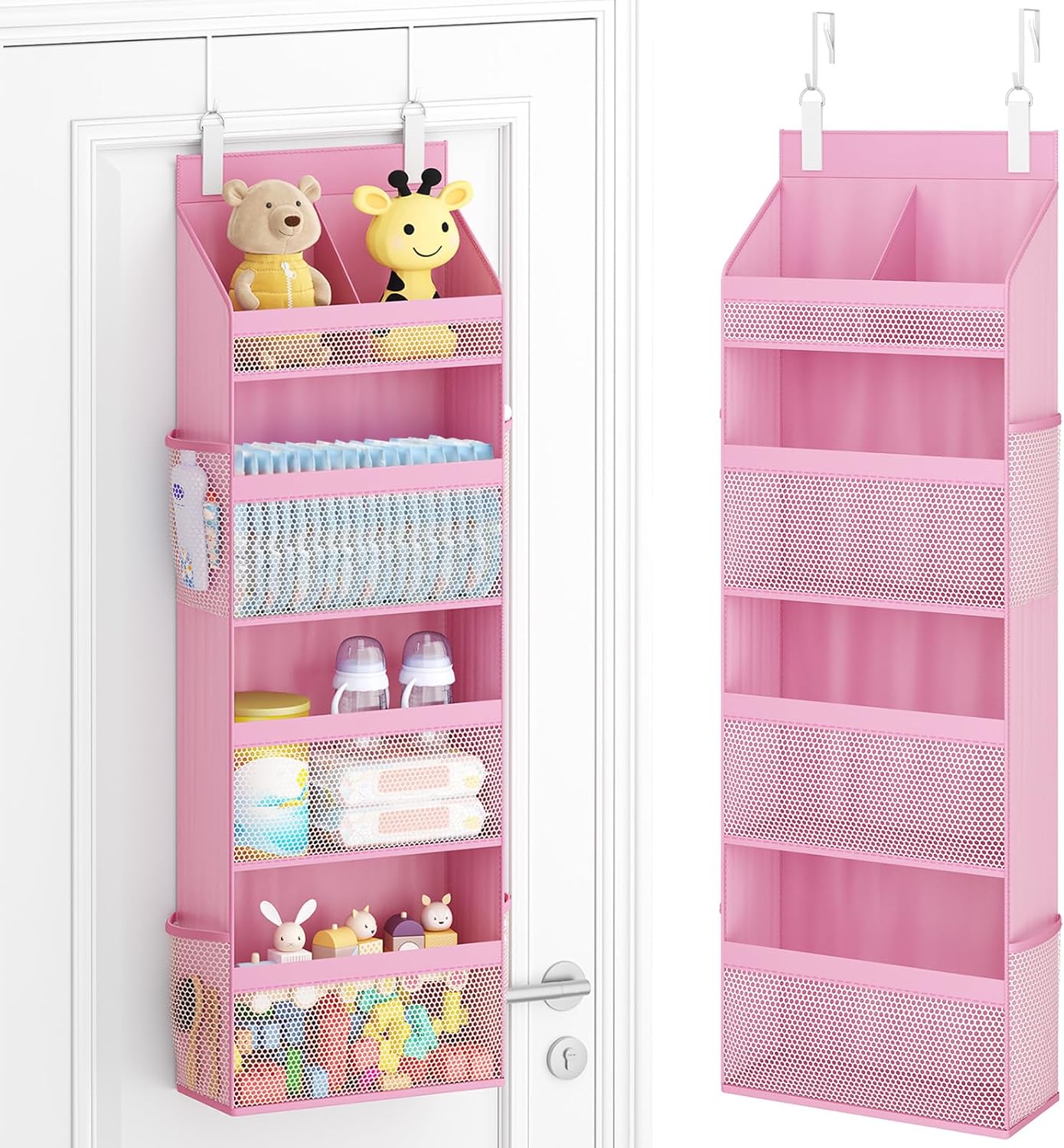 Lifewit 4 Tier Over the Door Diaper Organizer for Nursery, Large Heavy Duty Hanging Storage with 4 Mesh Side Pockets, Sturdy Back of Door Shelf for Baby Stuff Toy in Pantry, Laundry, Bathroom, Gray