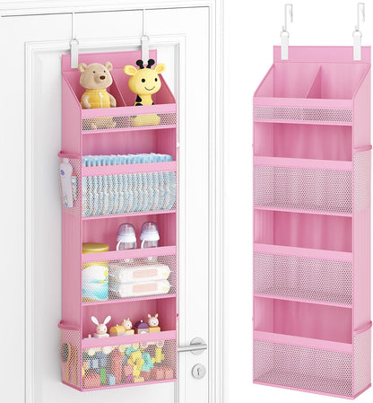 Lifewit 4 Tier Over the Door Diaper Organizer for Nursery, Large Heavy Duty Hanging Storage with 4 Mesh Side Pockets, Sturdy Back of Door Shelf for Baby Stuff Toy in Pantry, Laundry, Bathroom, Gray