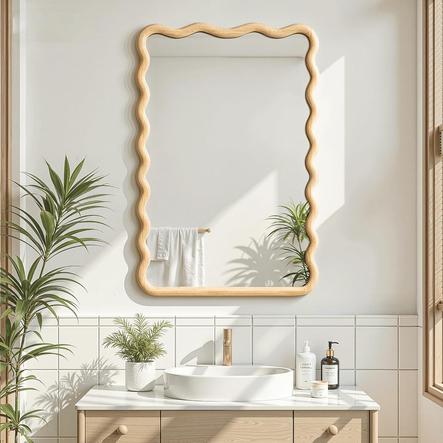 Full Length Mirror, 55"x28" Boho Wavy Wood Floor Mirror, for Bathroom, Bedroom, Living Room, Cloakroom, Entryway