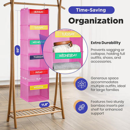Handy Laundry Weekly Clothes Organizer for Kids, 6-Shelf Bamboo Reinforced | Days of the Week Hanging Closet Shelves, Monday Through Friday and Weekend, School Outfit Storage, Side Pockets, Pink
