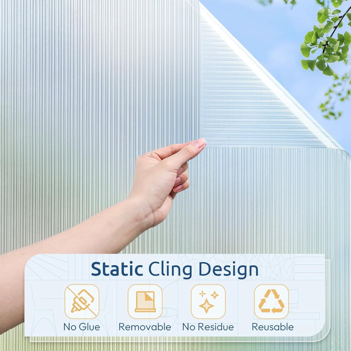rabbitgoo Reeded Glass Window Privacy Film, Non Adhesive Frosted Glass Window Film, Static Cling, Removable, UV Heat Blocking, Anti-Glare, Decorative for Bathroom Living Room, 17.5 by 78.7 Inches