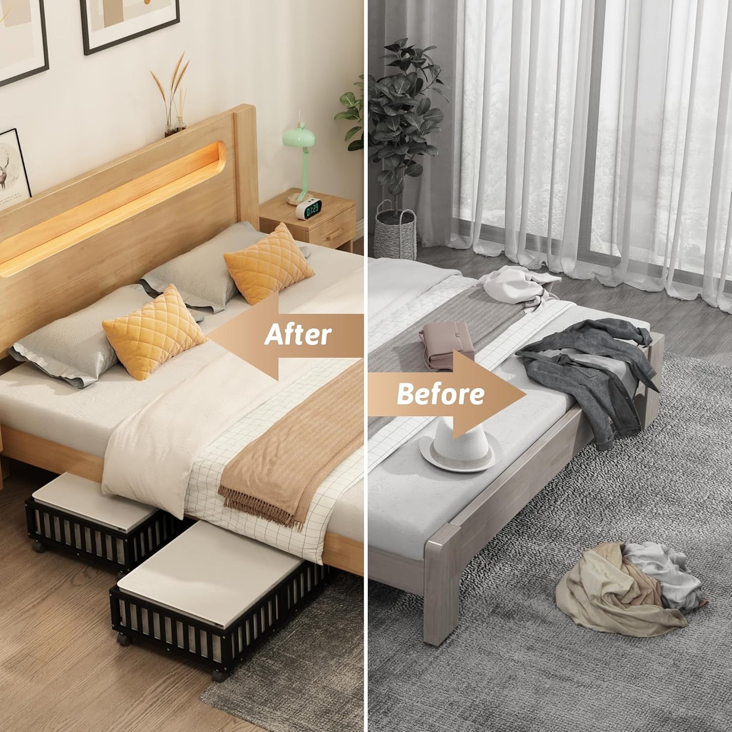 Bamboo Under Bed Storage Containers with Wheels, 2 Pack Under the Bed Shoe Storage Bins, Wood Rolling Underbed Drawers with Bag Organizer for Bedroom, Sheets Clothes Blanket Comforter, Under Crib Toy