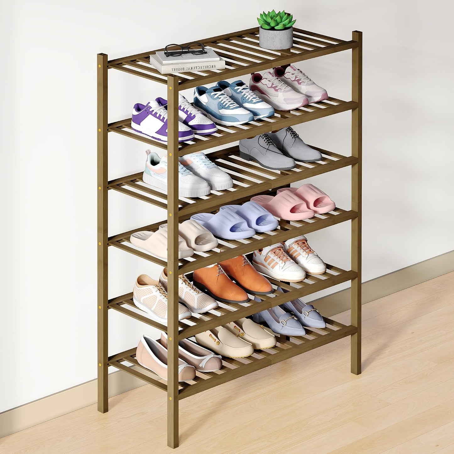 Smiry Bamboo Shoe Rack for Closet, 3 Tier Wooden Shoe Organizer, Stackable Wood Shoe Storage Shelf for Entryway, 14 Vertical Slats, One-piece Heavy-Duty Legs, 26.77"x11.02"x18.31", Natural