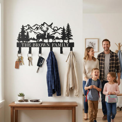 Deer Mountain Metal Key Holder Wall Mount Key Holder for Wall Rustic Cabin Decor Key Rack Hooks Hanger Woodland Wildlife Wall Art Entryway Organizer Housewarming Hunting Gifts