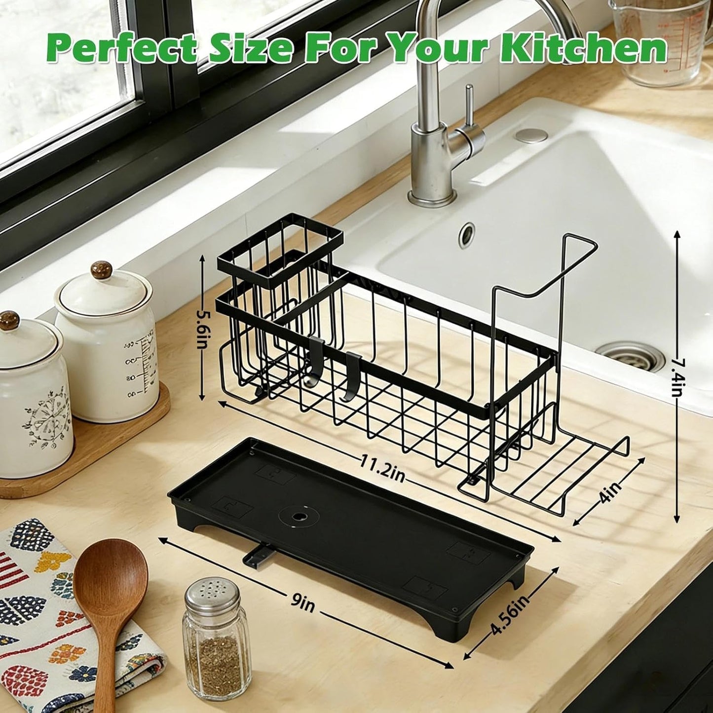 Sponge Holder for Kitchen Sink, Sink Caddy Organizer with Detachable Cloth & Brush Holder, Self-Draining Sponge Caddy Organizer with 360° Rotatable Spout, Kitchen Countertop Storage Accessories(Black)