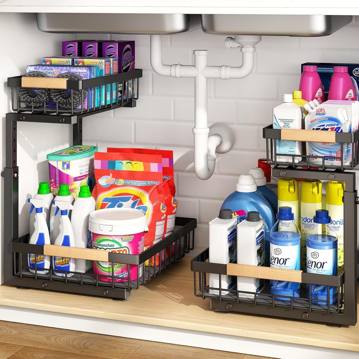 PXRACK Under Sink Organizer, Adjustable Height, 2 Tier Pull Out Under Cabinet Organizer, Slide Out Thickened Metal Under Sink Storage for Kitchen Bathroom Laundry Pantry Cabinet, White, Large-1-Pack
