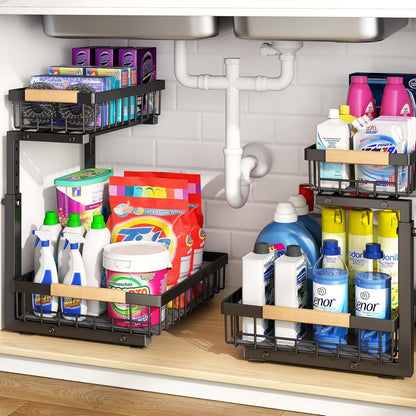 PXRACK Under Sink Organizer, Adjustable Height, 2 Tier Pull Out Under Cabinet Organizer, Slide Out Thickened Metal Under Sink Storage for Kitchen Bathroom Laundry Pantry Cabinet, White, Large-1-Pack