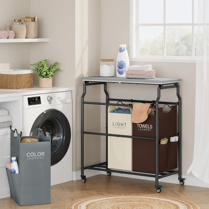 Hoctieon 3 Section Laundry Sorter Cart with Ironing Board, Laundry Hamper with Shelf and Rolling Wheels, Heavy Duty Laundry Basket Organizer, Large Clothes Separator Hamper with Removable Bags, Black