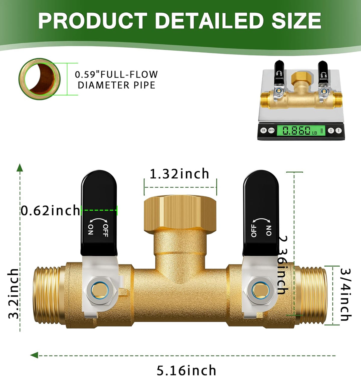 Hose Splitter 2 Way, Heavy Duty Brass Garden Hose Splitter, Water Hose Bib Spigot Splitter with 0.59" Full Flow Ball Valve Outlet & Shut-Off Valve 3/4'' Connector Outdoor Water Faucet Adapter
