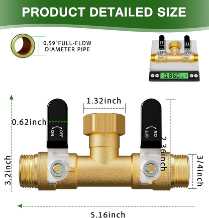 Hose Splitter 2 Way, Heavy Duty Brass Garden Hose Splitter, Water Hose Bib Spigot Splitter with 0.59" Full Flow Ball Valve Outlet & Shut-Off Valve 3/4'' Connector Outdoor Water Faucet Adapter