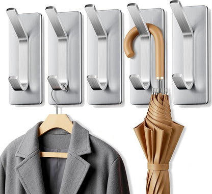 Auxmir Self Adhesive Hooks 15lbs Heavy Duty, 5 Pack Stainless Steel Wall Hooks for Coat Towel Robe, Waterproof Rustproof Oilproof, No Drill Door Hanger for Bathroom Shower Kitchen Office RV, Silver