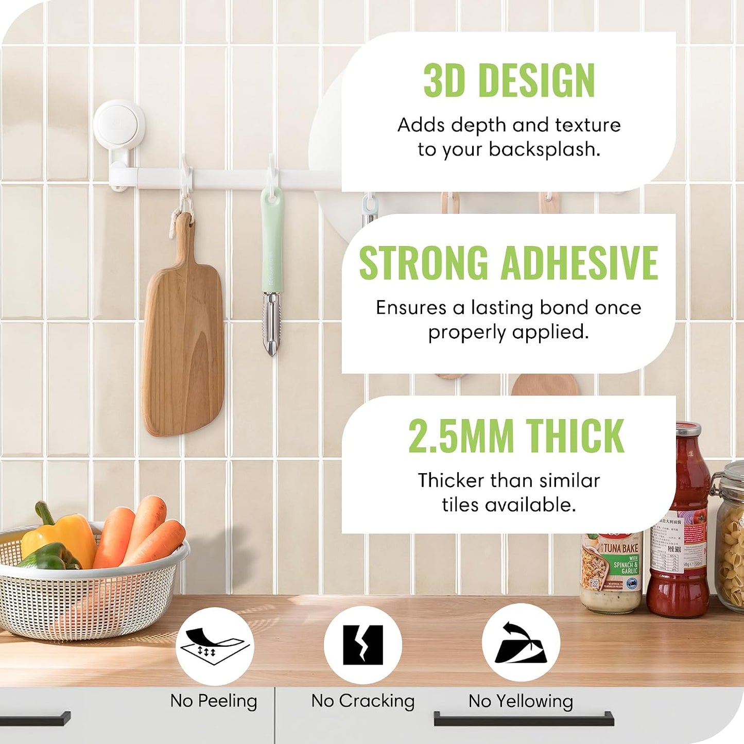 Peel and Stick Subway Backsplash Tiles, 5 Pack, 12 x 12 in, Almond | extra thick 3D wall panels, heat and water resistant wall panels, easy DIY kitchen, bathroom, laundry, fireplace wall décor