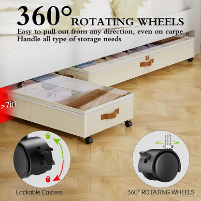 Yecaye Under Bed Storage with Wheels, 2 Pack Under Bed Storage Containers with Adjustable Dividers & Clear Lid, Rolling Underbed Organizer Bins Drawer for Clothes, Shoes, Blankets(30.3 x 16 x 6.7in)