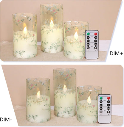 Glass Flameless Candles Flickering Battery Operated LED Pillar Candles Set of 3 with Timer and and 10-Key Remote Green Branch Floral Spring Summer Theme for Wedding Festival Home Decoration
