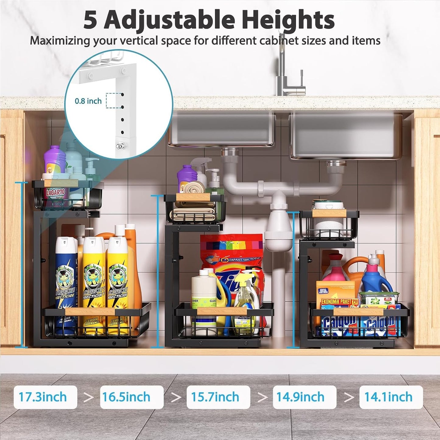 Liuoud Under Sink Organizer 2 Pack, 2 Tier Slide Out Large Capacity Height Adjustable Under Sink Organizers and Storage for Kitchen Bathroom Cabinet, White