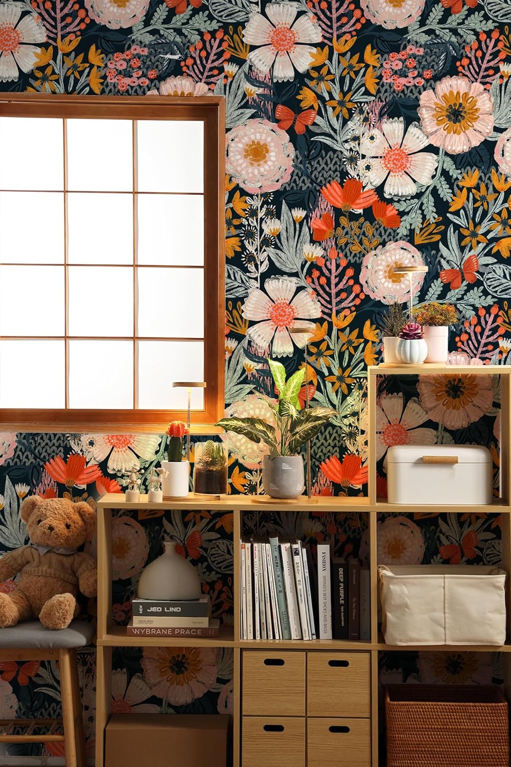 HAOKHOME Boho Peel and Stick Wallpaper Floral Wall Paper Removable for Bedroom Navy/Pink/Orange Contact Paper 17.7in x 9.8ft