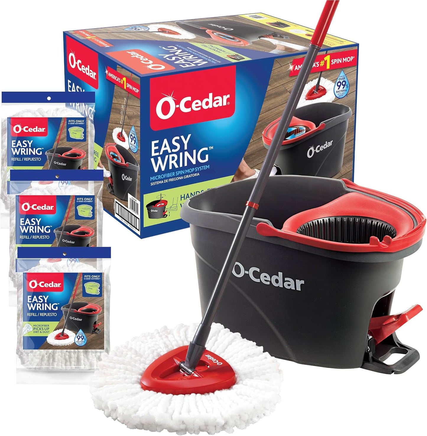 O-Cedar EasyWring Microfiber Spin Mop & Bucket Floor Cleaning System + 2 Extra Refills, Red/Gray