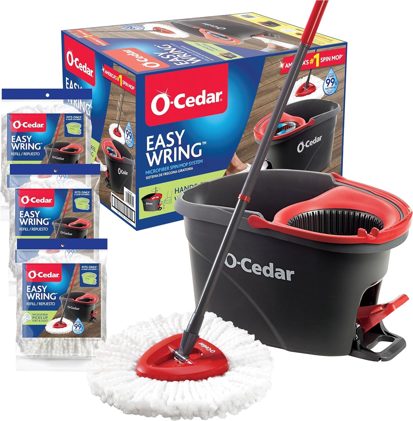 O-Cedar System Easy Wring Spin Mop & Bucket with 3 Extra Refills