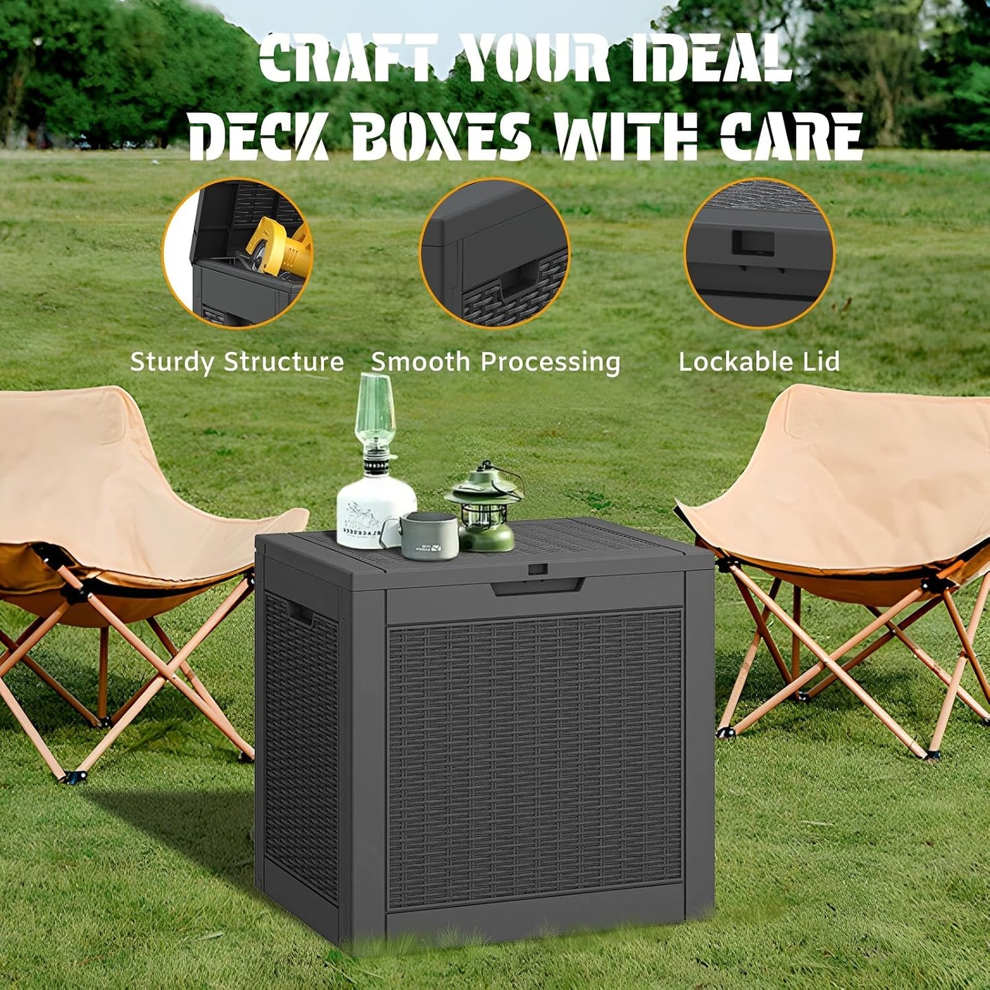 NUNU LAB Outdoor Storage Box, 45 Gallon Outside Deck Box Waterproof, Resin Outdoor Storage Cabinet With Lockable Lid, Backyard Storage Bench For Garden Tools, Patio Cushions, Pool Tools, Black