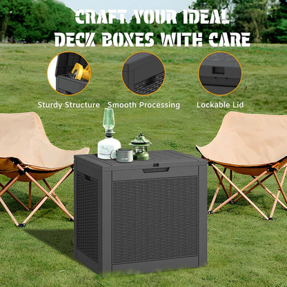NUNU LAB Outdoor Storage Box, 45 Gallon Outside Deck Box Waterproof, Resin Outdoor Storage Cabinet With Lockable Lid, Backyard Storage Bench For Garden Tools, Patio Cushions, Pool Tools, Black