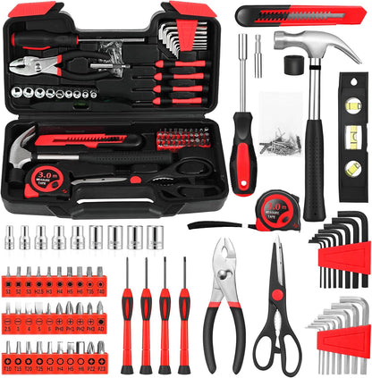 144-Piece General Household Hand Tool Kit with Plastic Toolbox Pink | Basic General Hand Tool Kit, Household Tool Set, for Home Repair, Office & College Dormitory Use, Daily Use for Women