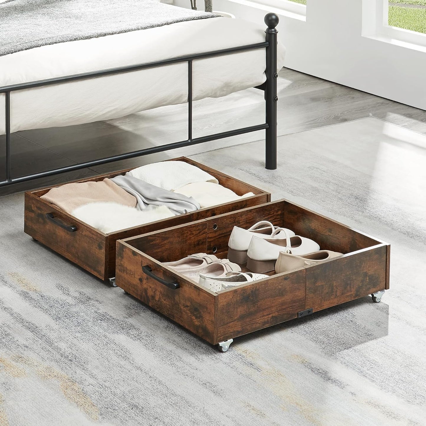TIOPGHAD 2-Pack Under Bed Storage Drawers Organizer with Wheels, Brown | 58L total capacity, 80 lb per Drawer, Fits 6 in Bed Clearance, Rolling Drawers for Shoes, Clothes, Linens, Toys