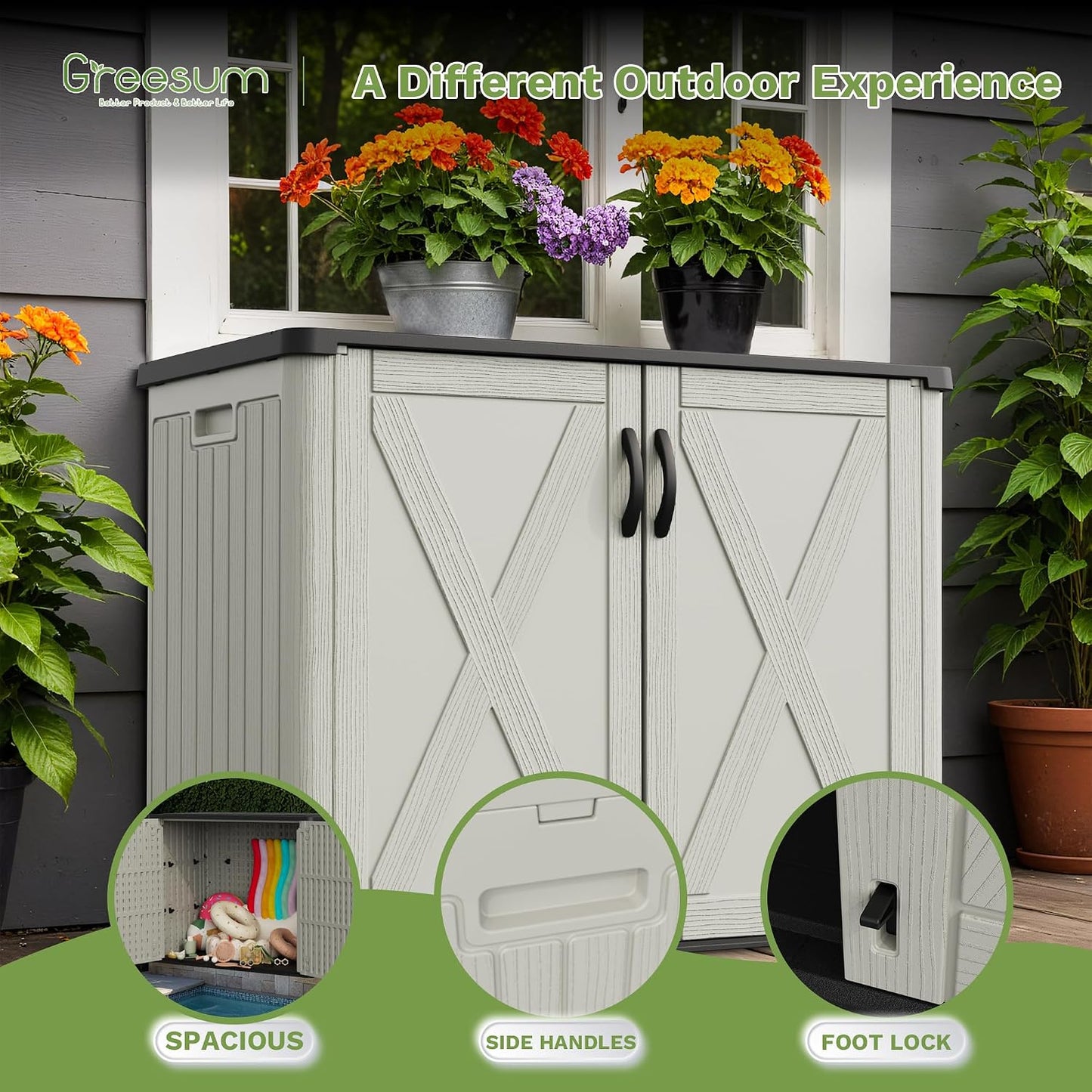 Greesum Outdoor Storage Cabinet, 26 CUFT Deck Box Without Shelves, Waterproof Plastic Storage Shed for Patio Cushions, Gardening Tools, Lockable and Sidehandles, UV Resistant, Beige