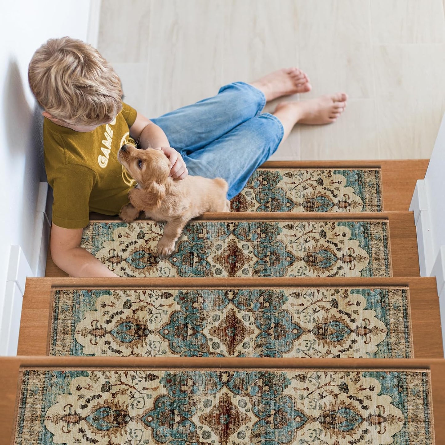 Non Slip Stair Treads for Wooden Steps, 15 Pack 8"x30" Washable Carpet | 8x30 in soft chenille polyester stair treads with reusable TPE backing for indoor wood stairs, dogs, kids, and seniors