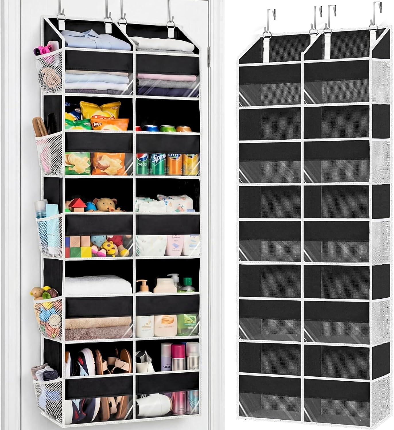 Over The Door Organizer, 5-Tier Extra Large Behind Door Storage with 10 Big Front & 10 Mesh Pockets, 80lb Capacity, Hanging Storage Organizer with Clear Window Kids Toys, Shoes, Diapers, Light Grey