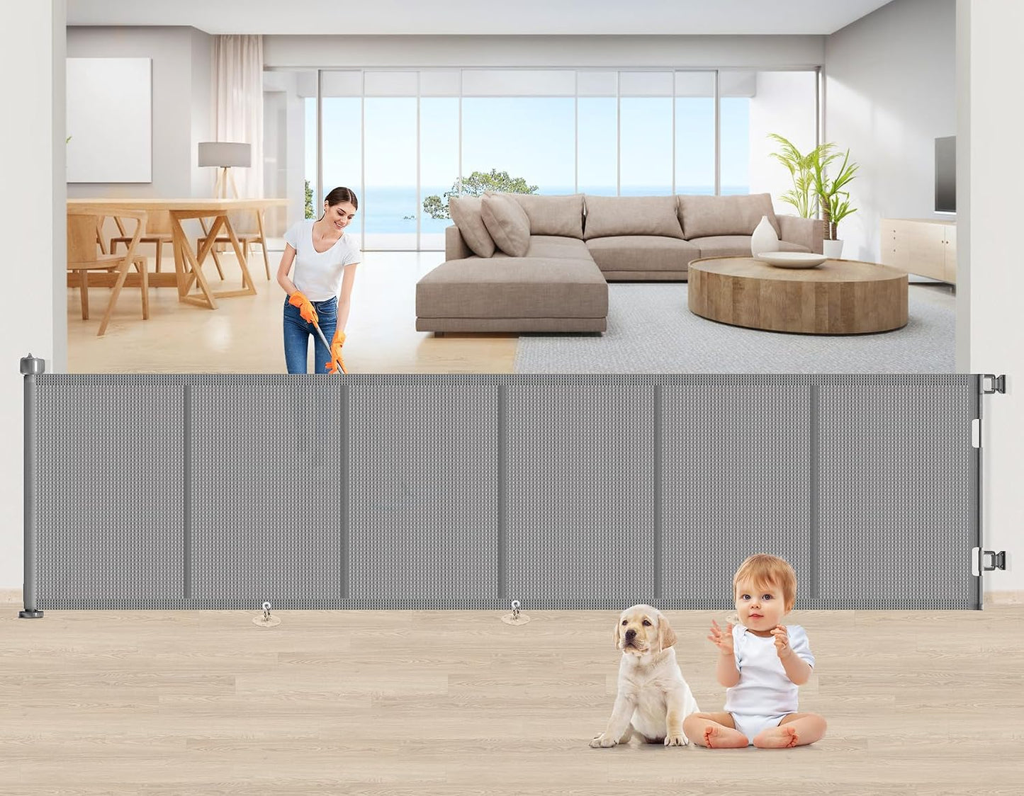 71 inch Retractable Baby Gates, EZIGO Extra Wide Baby Gate for Large Opening Extra Long Mesh Gate for Kids or Pet Dog Gate Child Safety Gate for Stairs Hallways Doorway Indoor Outdoor, Gray