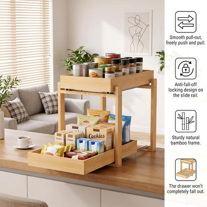 Bamboo Under Sink Organizer and Storage, 2 Pack Pull Out Cabinet Organization, 2 Tier Vertical Slide Out Undersink Storage Shelf, Multi-Purpose Organizer Shelves for Kitchen Bathroom Medicine
