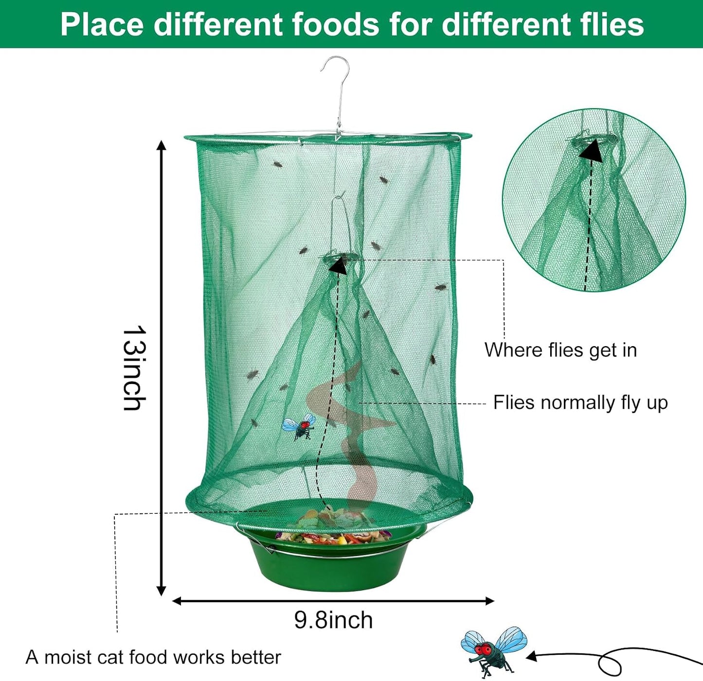 4 Pack Ranch Fly Traps Outdoor Hanging, Reusable Stable Fly Hunter Catcher Cage with Food Bait Tray, Flies Control Killer Repellent for Barn, Orchard, Farm, Horse, Patio