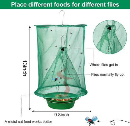 4 Pack Ranch Fly Traps Outdoor Hanging, Reusable Stable Fly Hunter Catcher Cage with Food Bait Tray, Flies Control Killer Repellent for Barn, Orchard, Farm, Horse, Patio