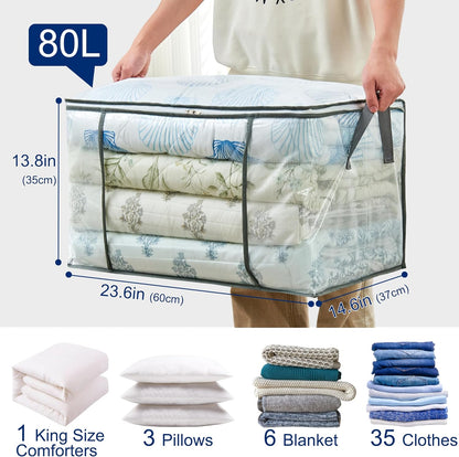 MKOKYD 80L Clear Large Storage Bag, Clothes Storage Containers for Organizing Closet, Bedroom, Underbed, Comforters, Clothing, Blankets, Pillow, Foldable Organizer with Sturdy Handle and Zippers (3)