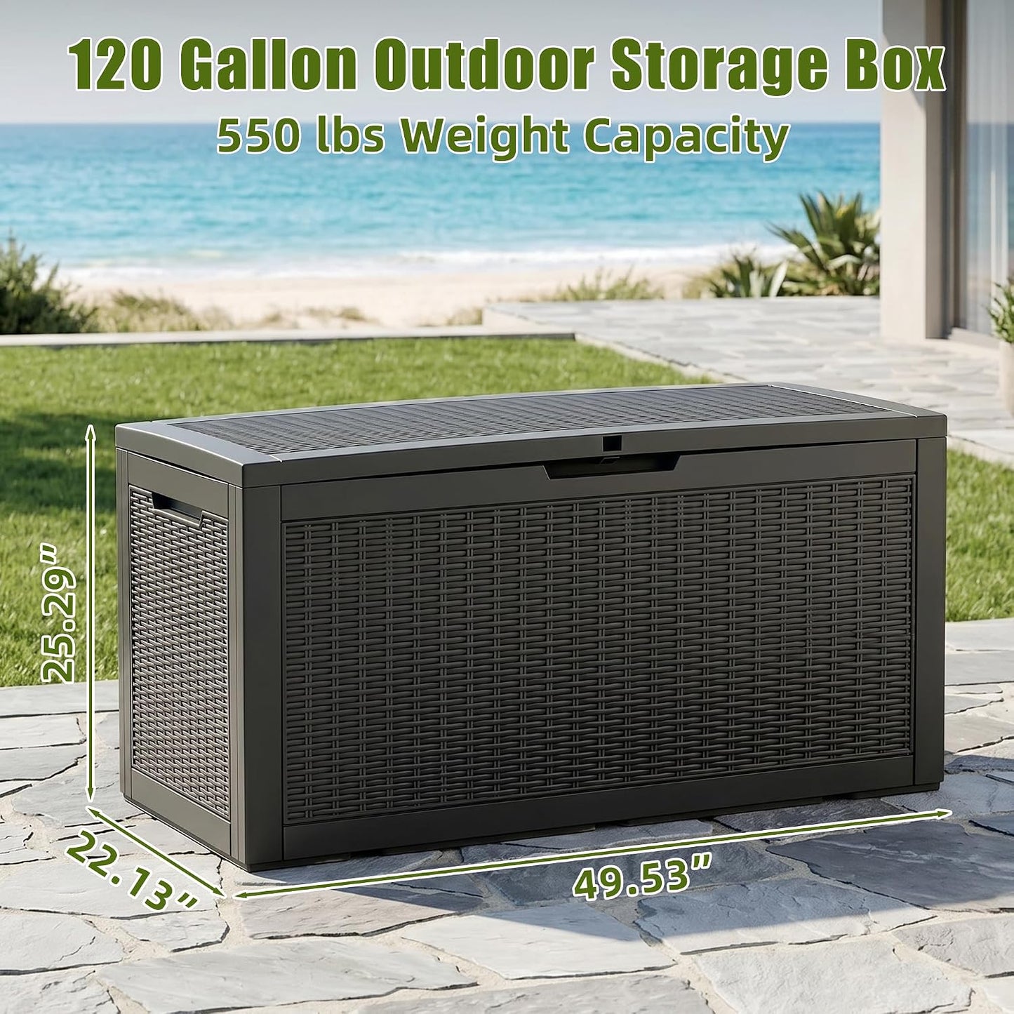 ROJIK 120 Gallon Waterproof Outdoor Deck Storage Box, Lockable Resin Patio Storage Bin with Lid for Garden Tools, Patio Cushions & Outdoor Accessories(Black)