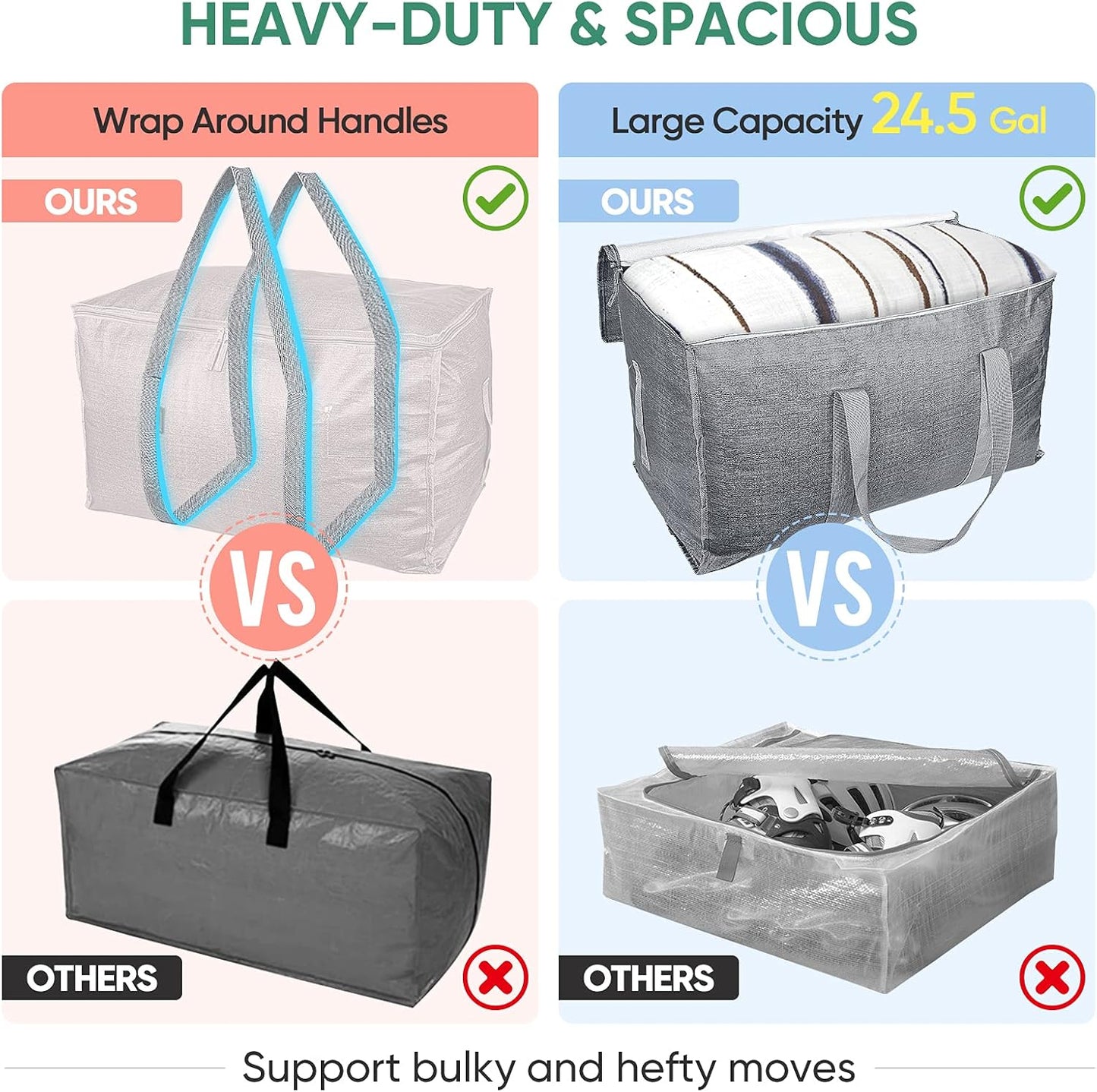 BALEINE 6-Pack Oversized Moving Bags with Reinforced Handles, Heavy-Duty Storage Tote for Clothes, Moving Supplies (Clear, 6-Pack)