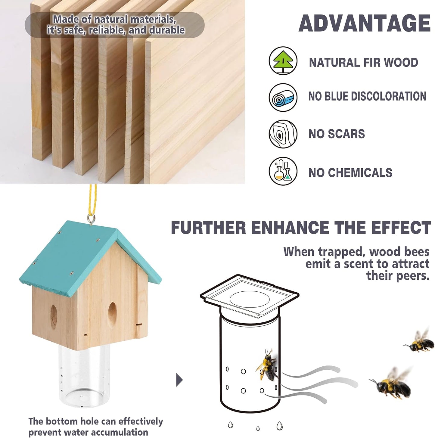 Carpenter Bee Trap for Outside - Best Bee Trap - Blue Cabin Style Nature Hanging Wood Carpenter Bee Traps Outdoor - Insect Traps with Removable Vault (2 Pack)