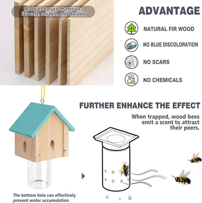 Carpenter Bee Trap for Outside - Best Bee Trap - Blue Cabin Style Nature Hanging Wood Carpenter Bee Traps Outdoor - Insect Traps with Removable Vault (2 Pack)