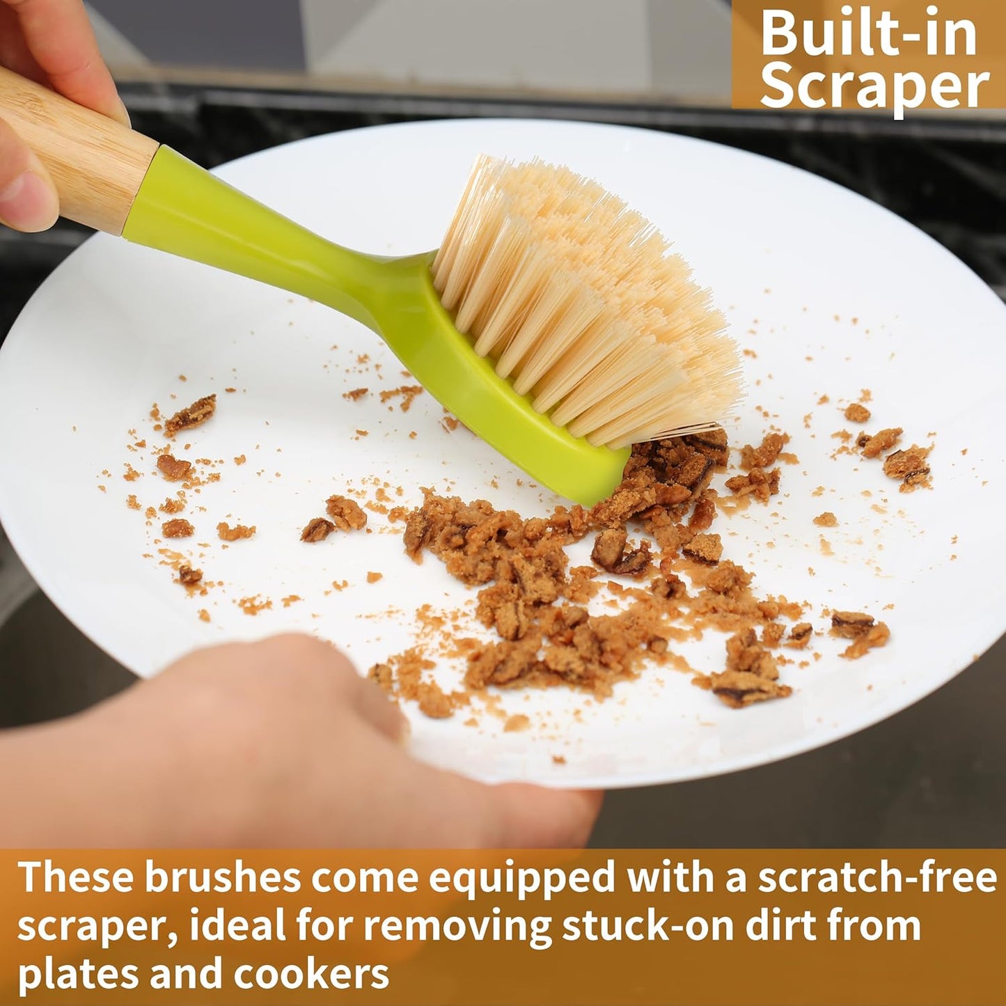 2 Pack Kitchen Dish Brush Bamboo Handle Dish Scrubber Built-in Scraper, Scrub Brush for Pans, Pots, Kitchen Sink Cleaning, Dishwashing and Cleaning Brushes are Perfect Cleaning Tools, White