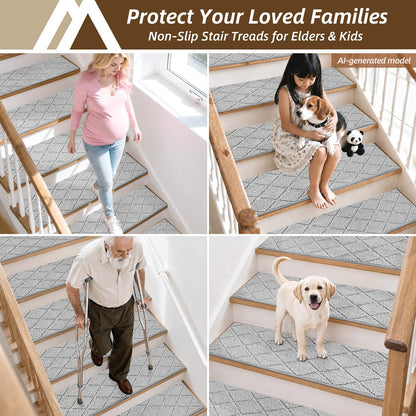 COSY HOMEER Edging Stair Treads Non-Slip Carpet Mat 28inX9in Indoor Stair Runners for Wooden Steps, Edging Stair Rugs for Kids and Dogs, 100% Polyester TPE Backing(4pc, Beige)